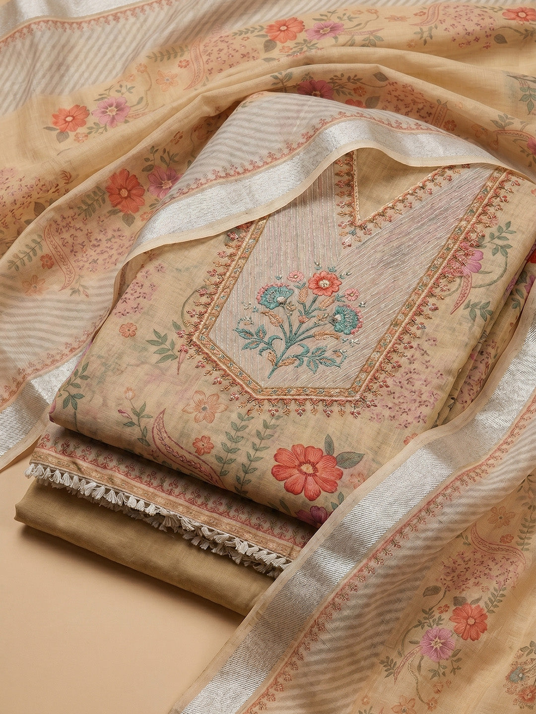 Beige Embroidered Linen Blend Unstitched Suit With Pant &amp; Dupatta