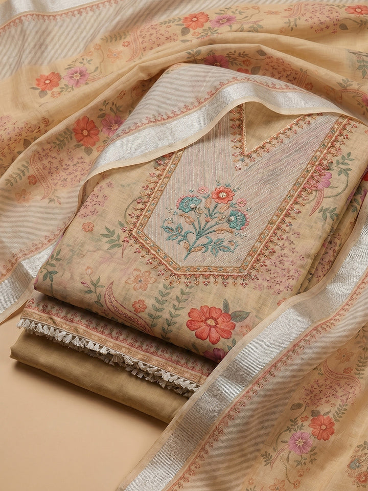 Beige Embroidered Linen Blend Unstitched Suit With Pant &amp; Dupatta