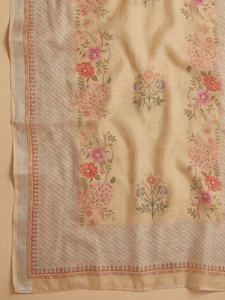 Beige Embroidered Linen Blend Unstitched Suit With Pant &amp; Dupatta