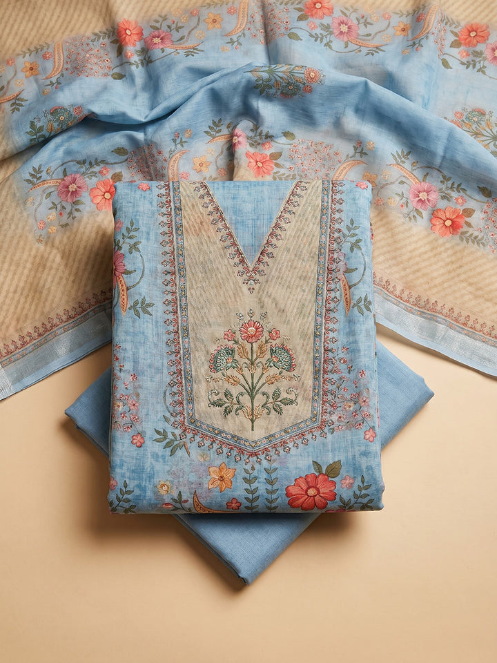 Blue Embroidered Linen Blend Unstitched Suit With Pant &amp; Dupatta