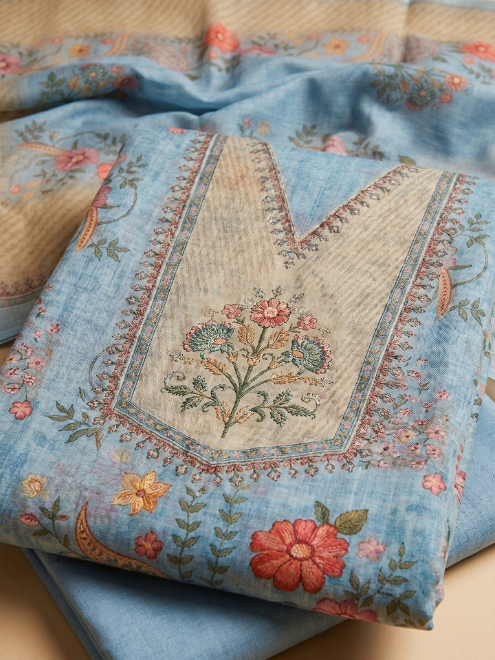 Blue Embroidered Linen Blend Unstitched Suit With Pant &amp; Dupatta