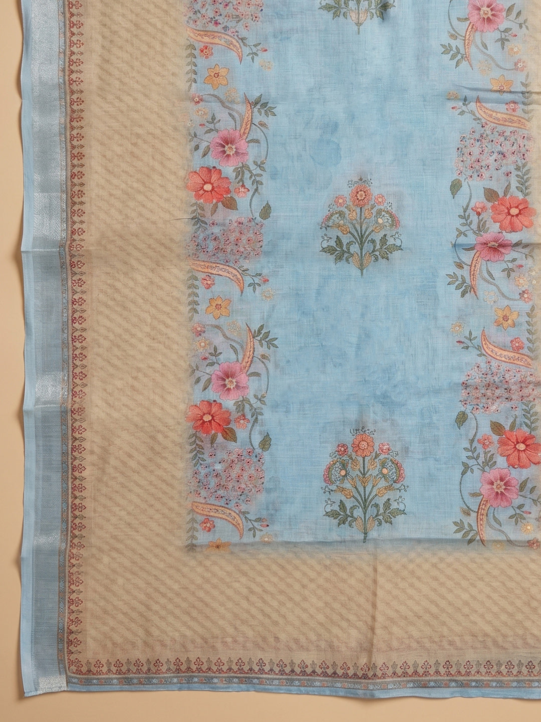 Blue Embroidered Linen Blend Unstitched Suit With Pant &amp; Dupatta