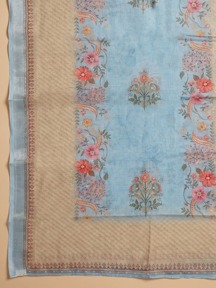 Blue Embroidered Linen Blend Unstitched Suit With Pant &amp; Dupatta