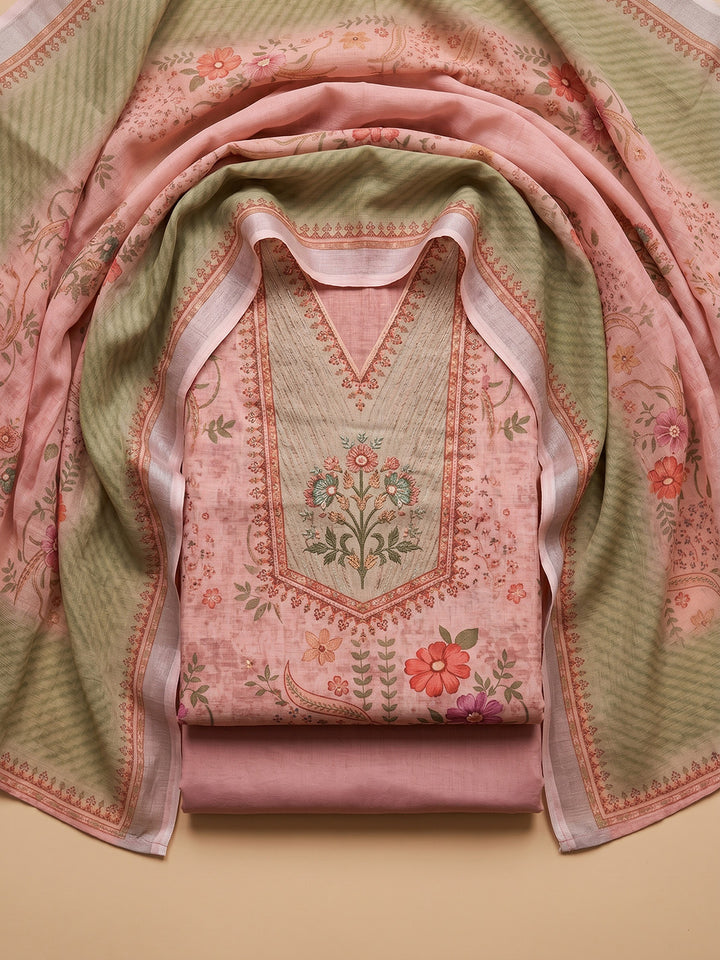 Peach Embroidered Linen Blend Unstitched Suit With Pant &amp; Dupatta