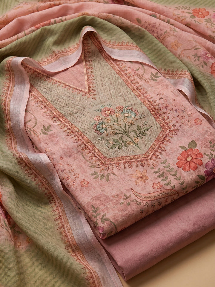 Peach Embroidered Linen Blend Unstitched Suit With Pant &amp; Dupatta