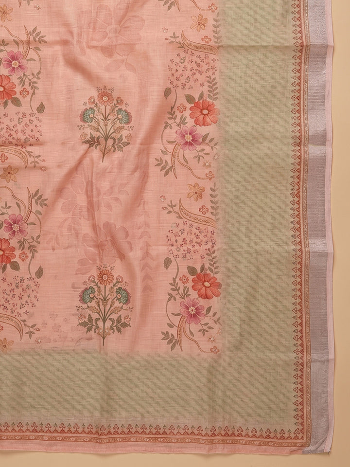 Peach Embroidered Linen Blend Unstitched Suit With Pant &amp; Dupatta