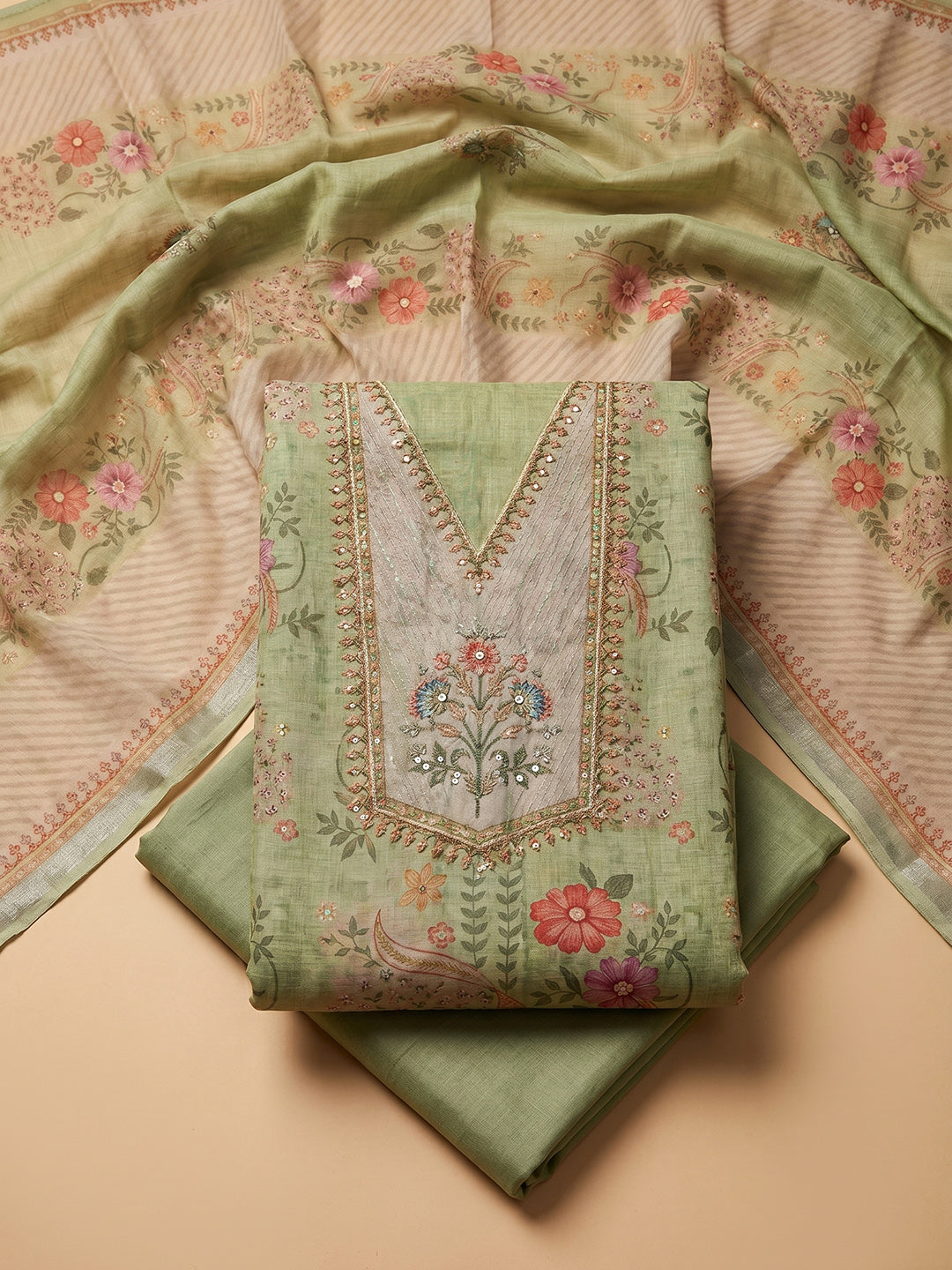 Pista Green Embroidered Linen Blend Unstitched Suit With Pant &amp; Dupatta