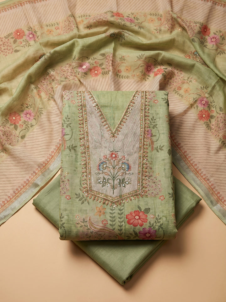 Pista Green Embroidered Linen Blend Unstitched Suit With Pant &amp; Dupatta