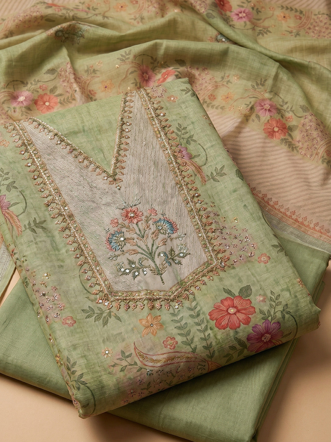 Pista Green Embroidered Linen Blend Unstitched Suit With Pant &amp; Dupatta