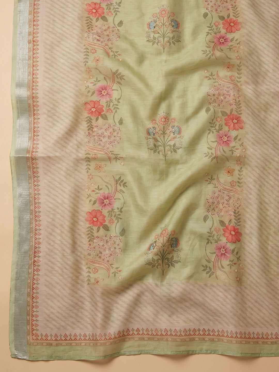 Pista Green Embroidered Linen Blend Unstitched Suit With Pant &amp; Dupatta