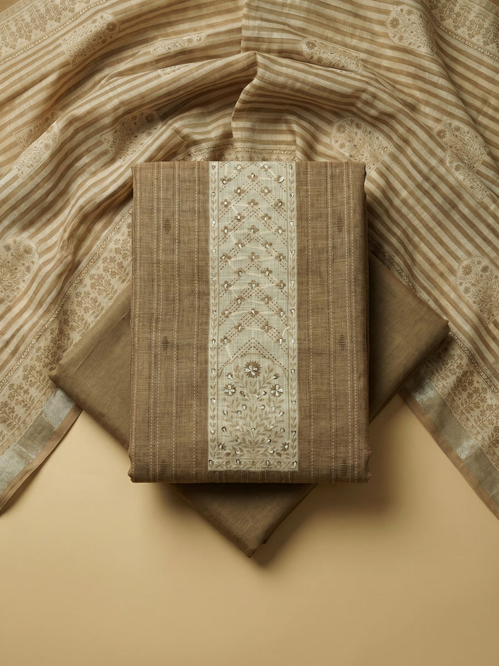 Chikoo Embroidered Linen Blend Unstitched Suit With Pant &amp; Dupatta