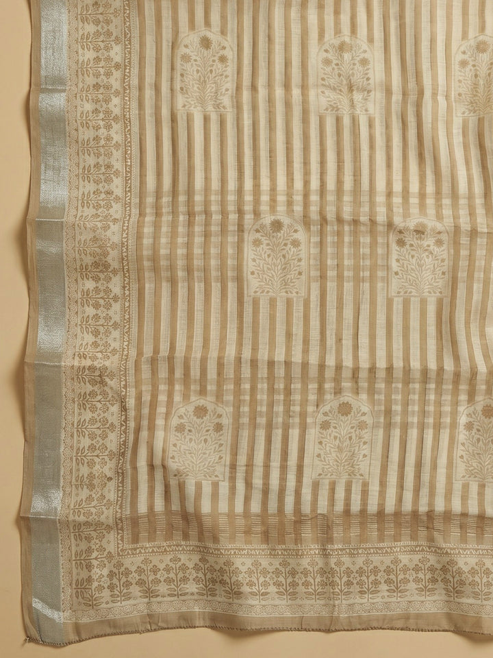 Chikoo Embroidered Linen Blend Unstitched Suit With Pant &amp; Dupatta