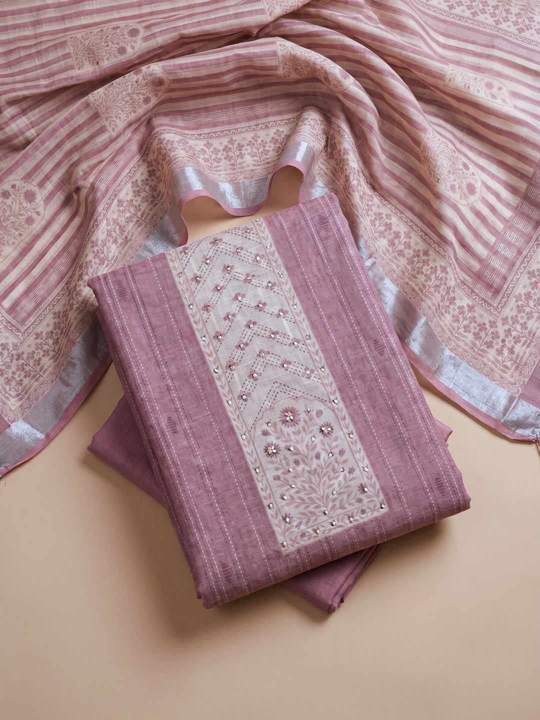 Dull Pink Embroidered Linen Blend Unstitched Suit With Pant &amp; Dupatta