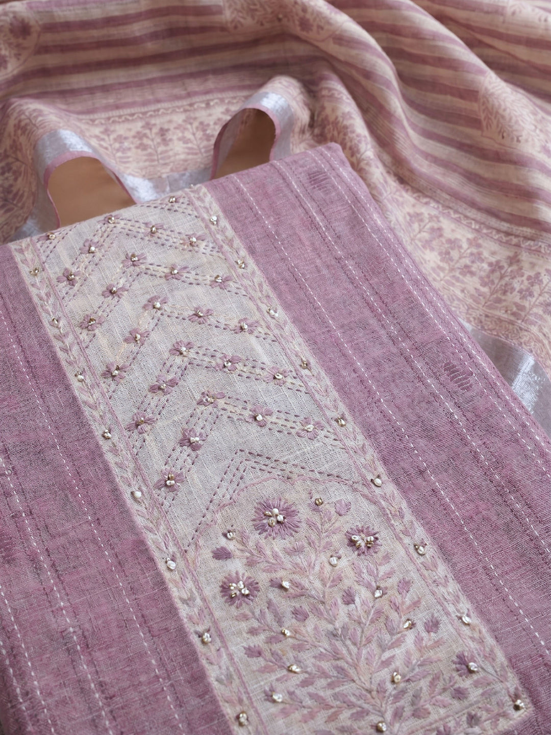 Dull Pink Embroidered Linen Blend Unstitched Suit With Pant &amp; Dupatta