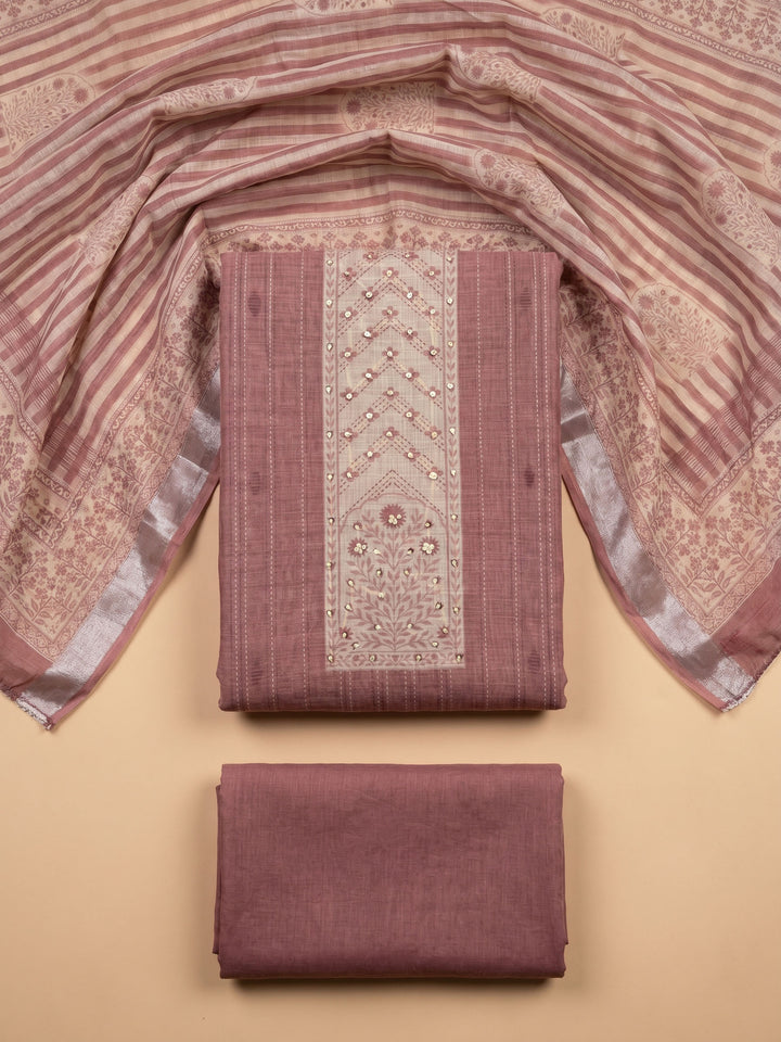 Onion Pink Embroidered Linen Blend Unstitched Suit With Pant &amp; Dupatta