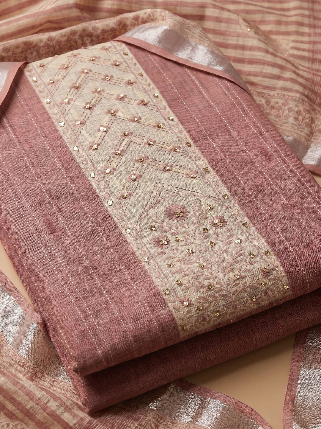 Onion Pink Embroidered Linen Blend Unstitched Suit With Pant &amp; Dupatta