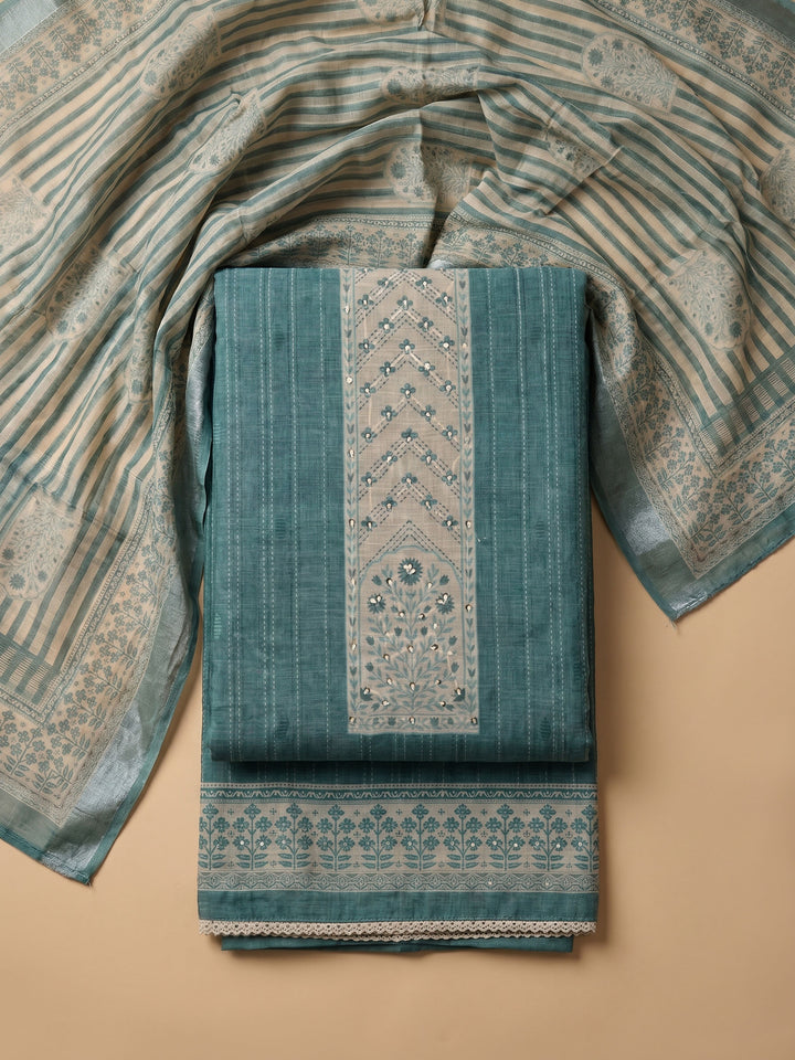 Teal Green Embroidered Linen Blend Unstitched Suit With Pant &amp; Dupatta