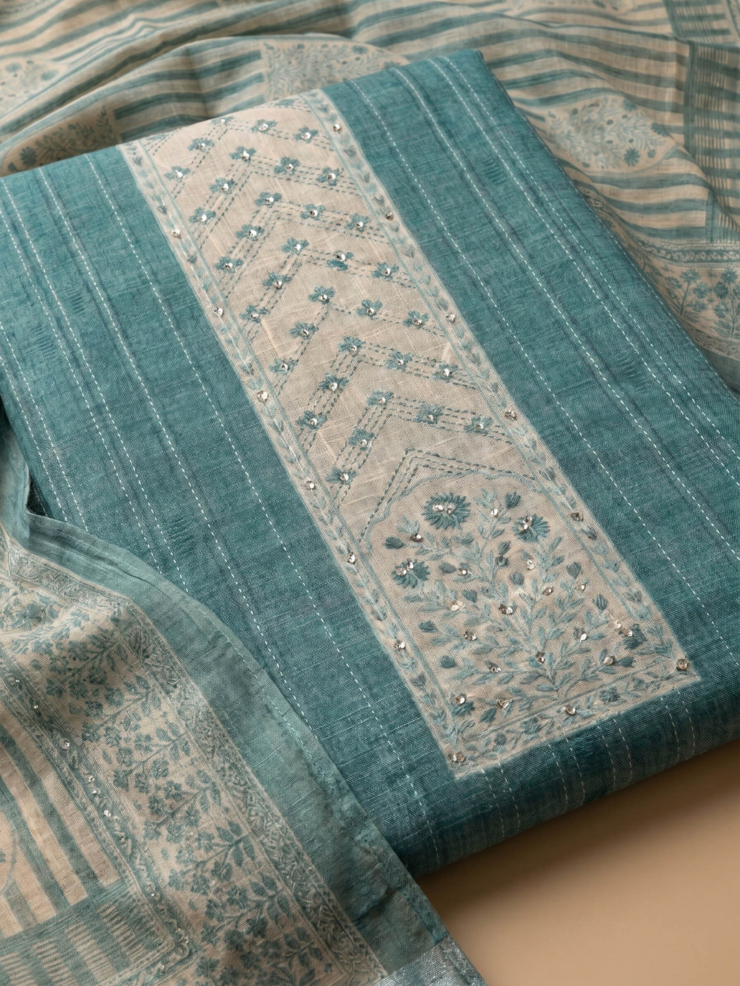 Teal Green Embroidered Linen Blend Unstitched Suit With Pant &amp; Dupatta