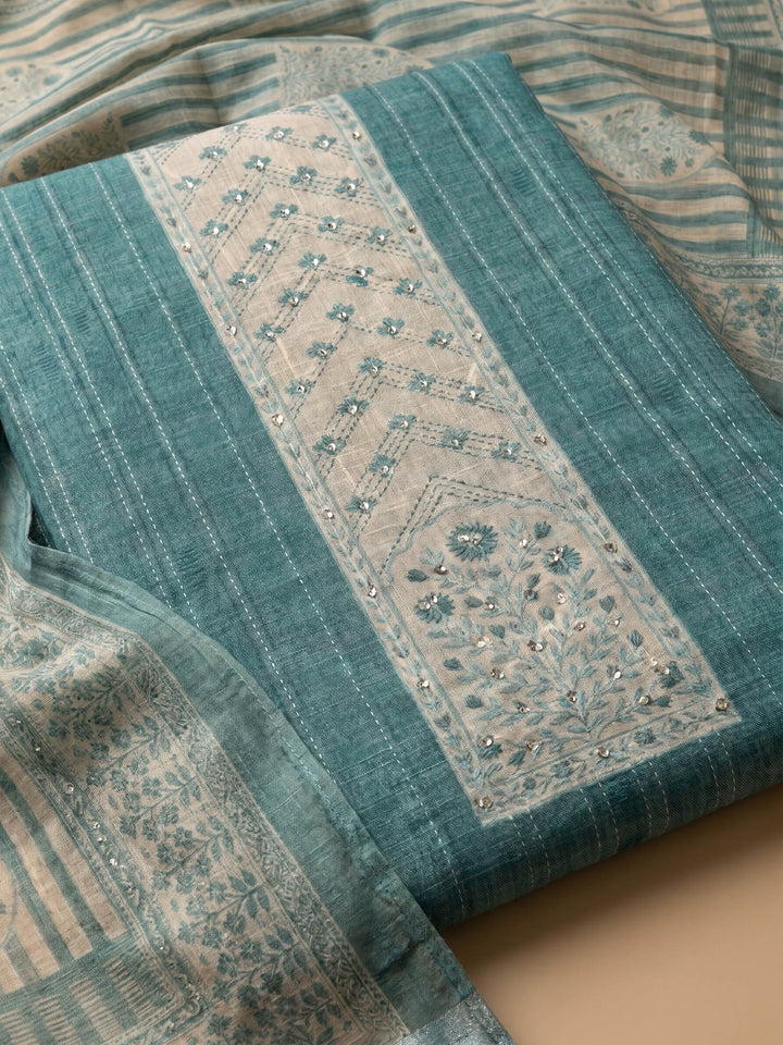 Teal Green Embroidered Linen Blend Unstitched Suit With Pant &amp; Dupatta
