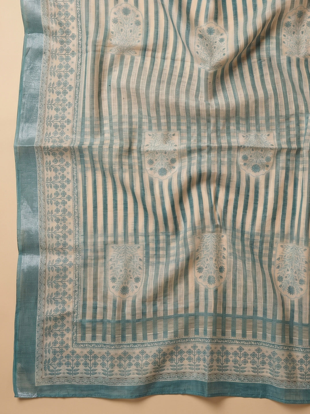 Teal Green Embroidered Linen Blend Unstitched Suit With Pant &amp; Dupatta