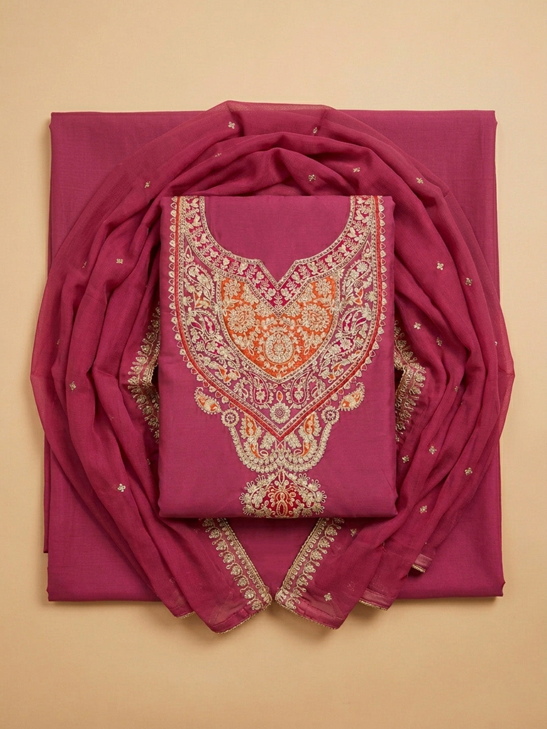 Pink Printed Cotton Blend Unstitched Suit &amp; Pant With Cotton Dupatta