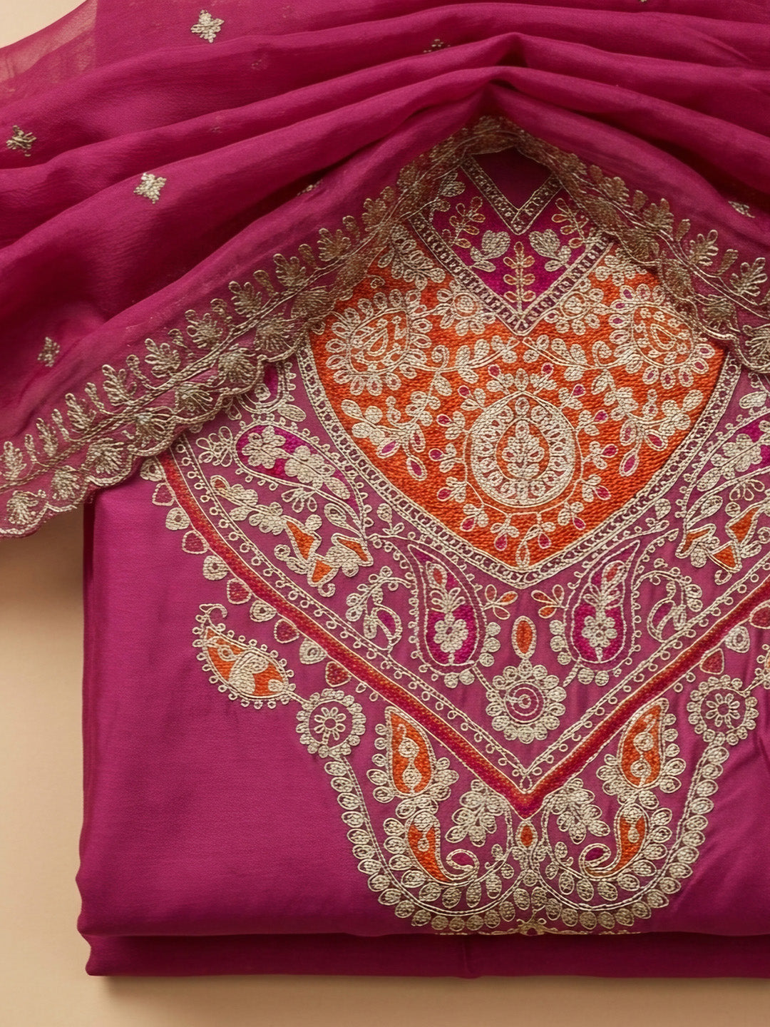 Pink Printed Cotton Blend Unstitched Suit &amp; Pant With Cotton Dupatta
