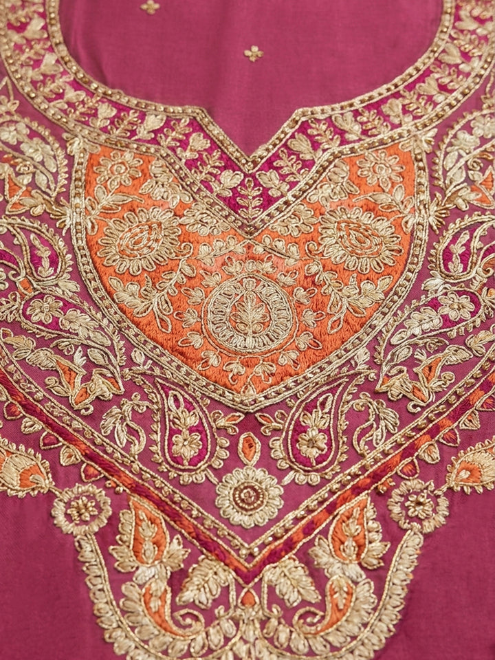 Pink Printed Cotton Blend Unstitched Suit &amp; Pant With Cotton Dupatta