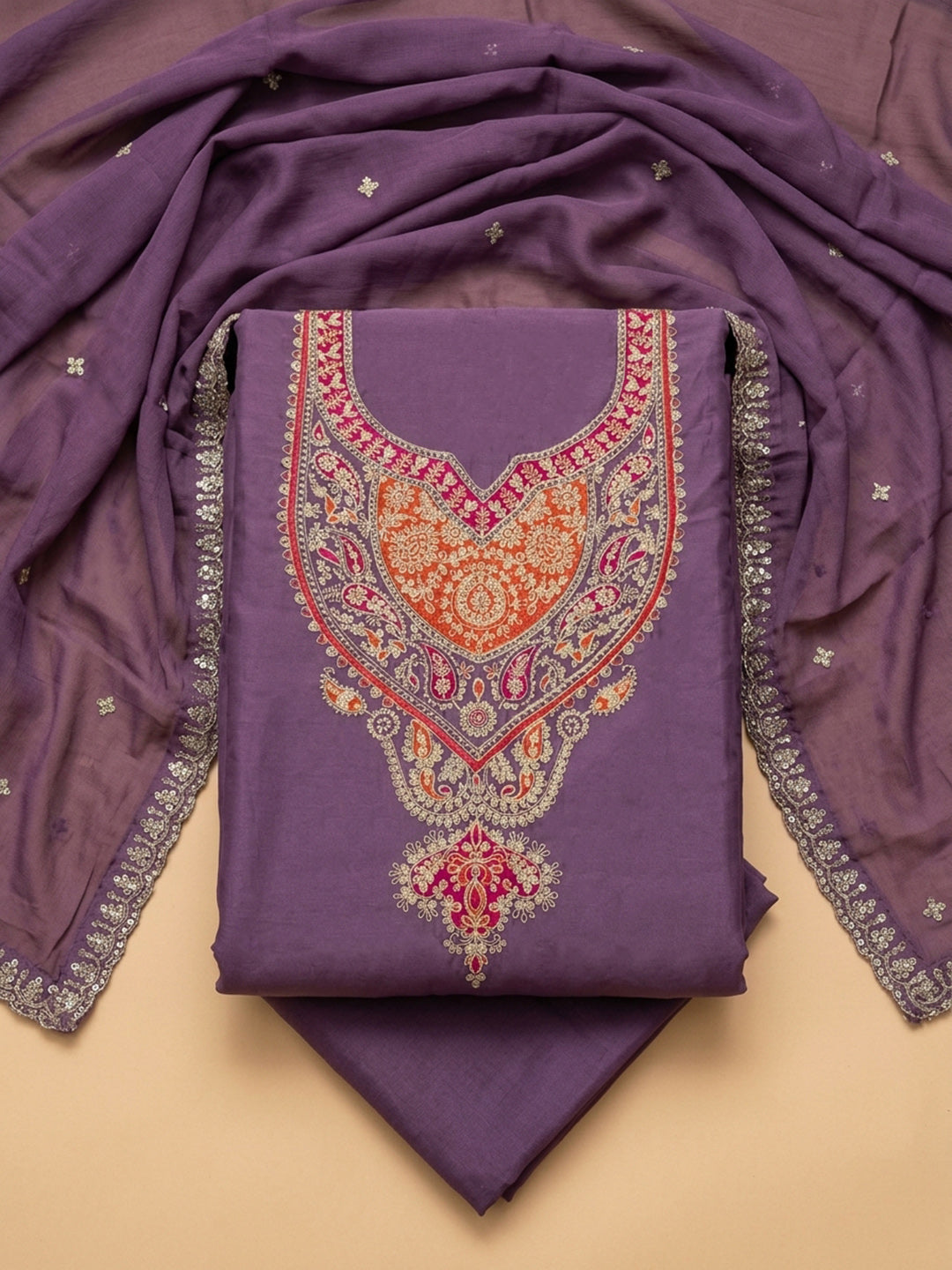 Purple Printed Cotton Blend Unstitched Suit &amp; Pant With Cotton Dupatta