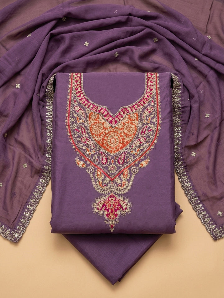 Purple Printed Cotton Blend Unstitched Suit &amp; Pant With Cotton Dupatta