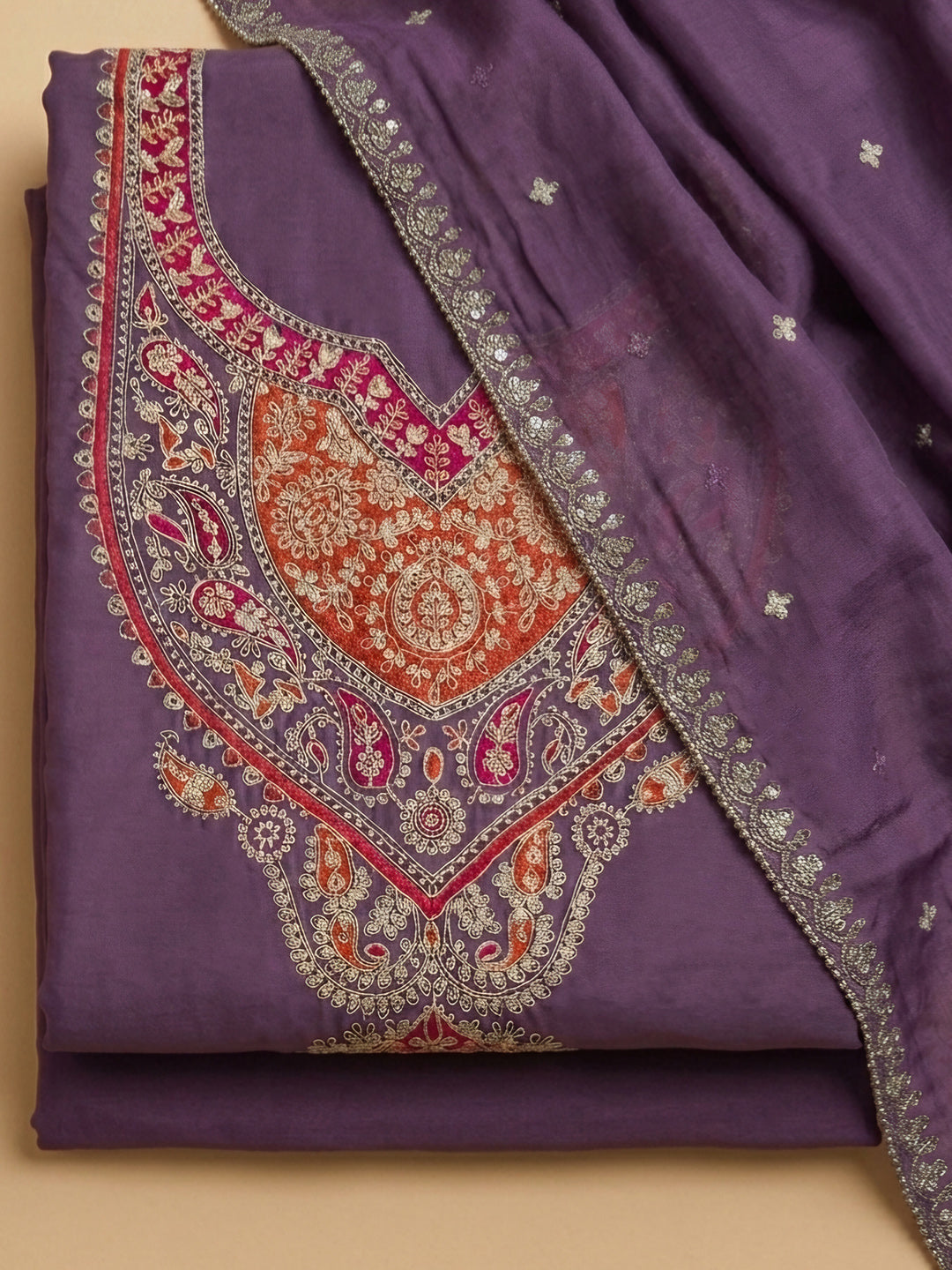 Purple Printed Cotton Blend Unstitched Suit &amp; Pant With Cotton Dupatta