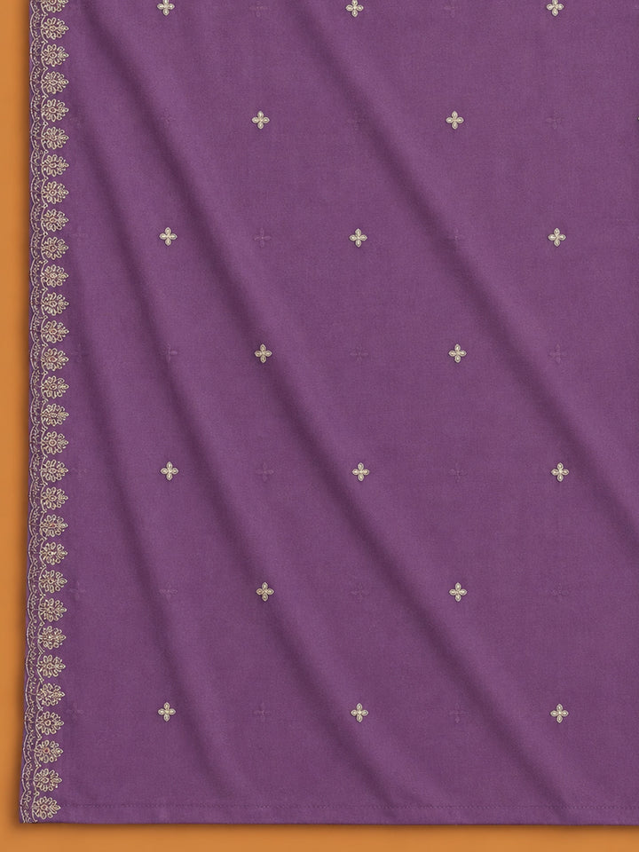 Purple Printed Cotton Blend Unstitched Suit &amp; Pant With Cotton Dupatta