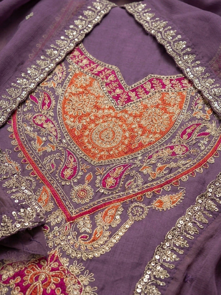 Purple Printed Cotton Blend Unstitched Suit &amp; Pant With Cotton Dupatta