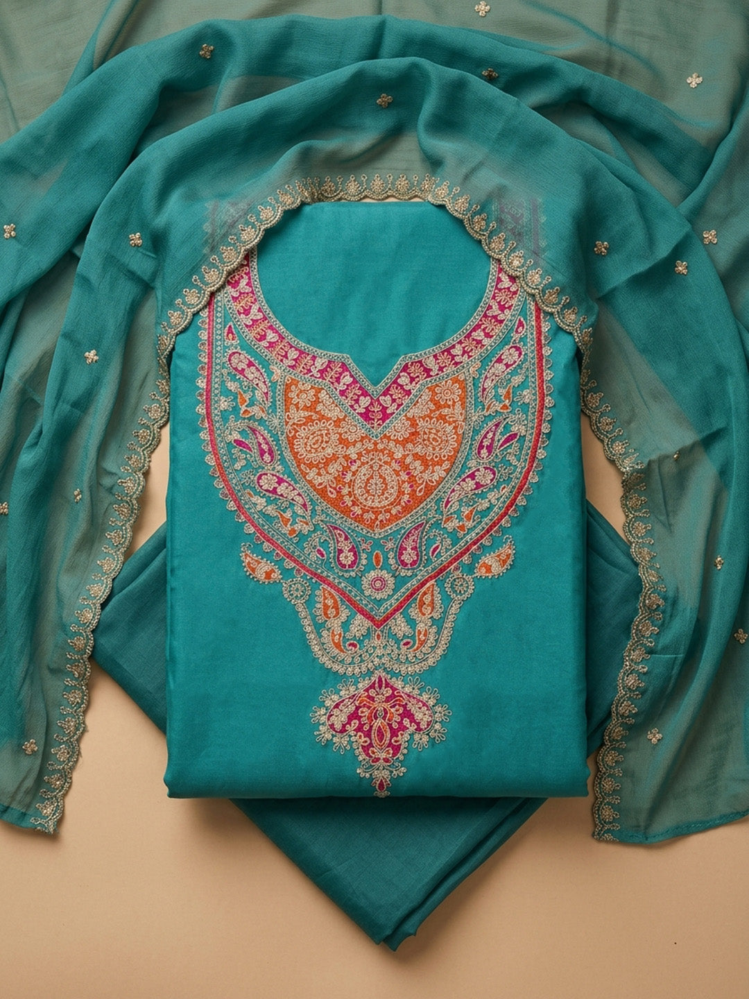 Rama Green Printed Cotton Blend Unstitched Suit &amp; Pant With Cotton Dupatta