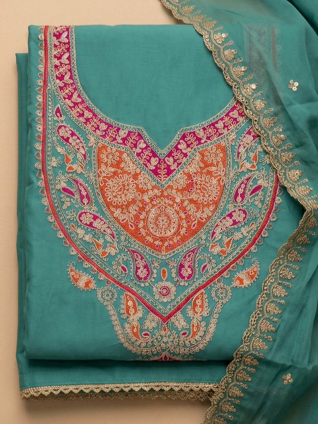 Rama Green Printed Cotton Blend Unstitched Suit &amp; Pant With Cotton Dupatta