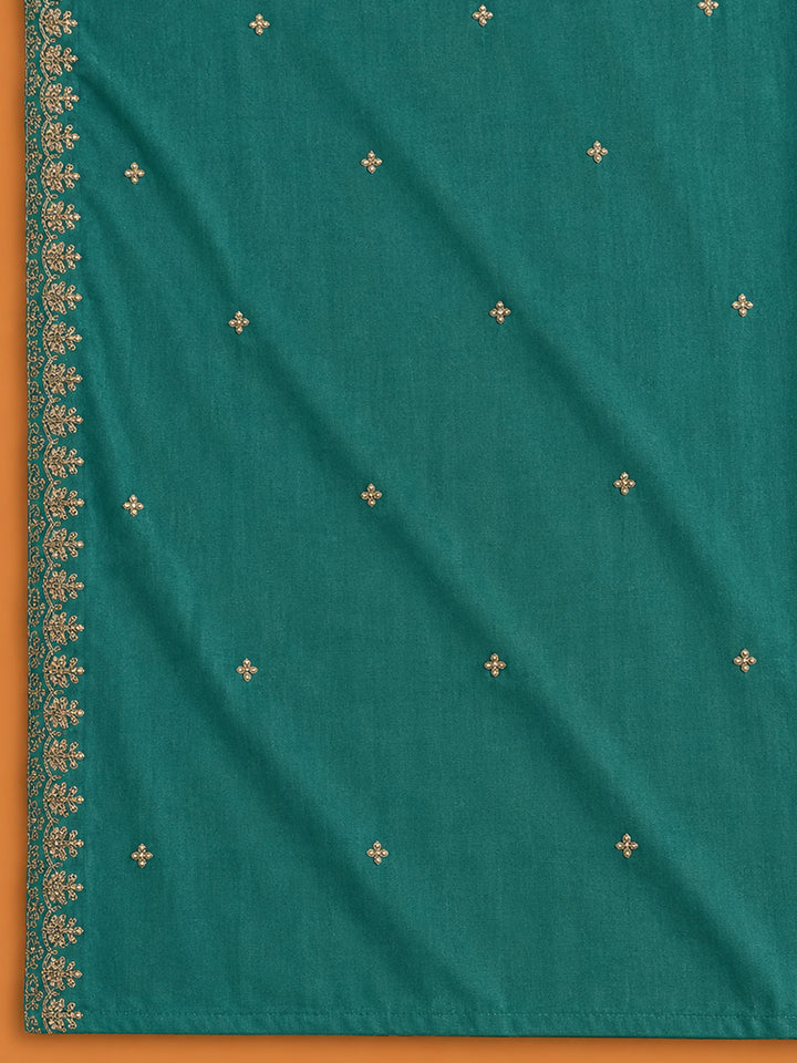 Rama Green Printed Cotton Blend Unstitched Suit &amp; Pant With Cotton Dupatta