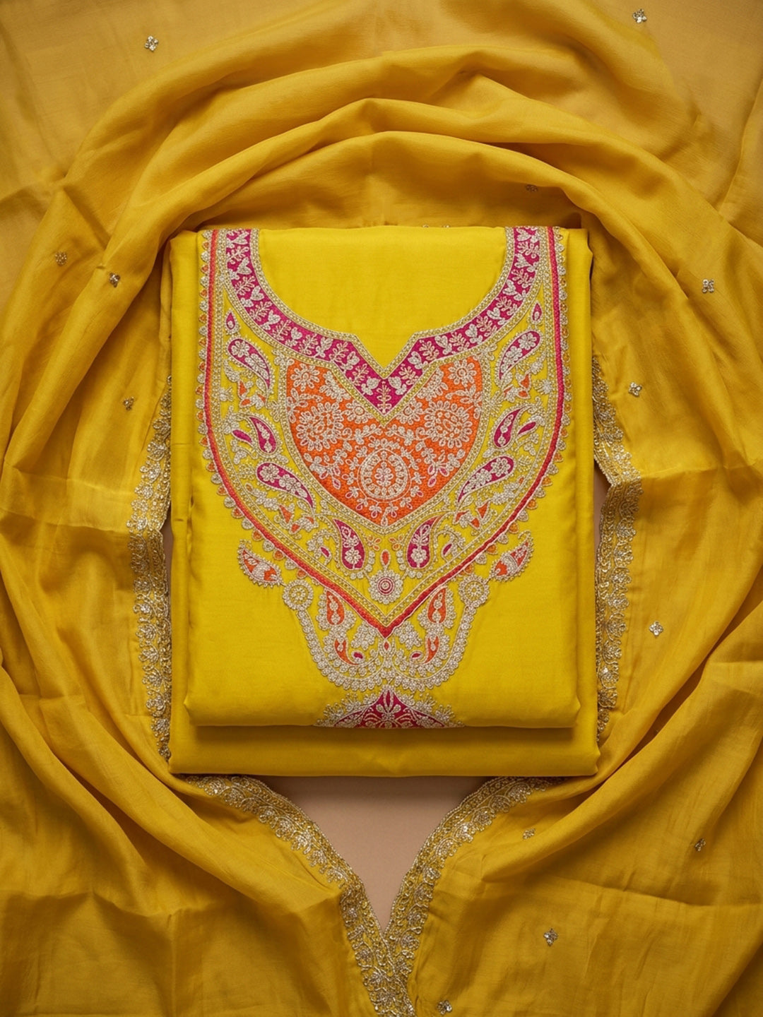 Yellow Printed Cotton Blend Unstitched Suit &amp; Pant With Cotton Dupatta