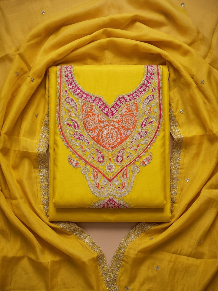 Yellow Printed Cotton Blend Unstitched Suit &amp; Pant With Cotton Dupatta