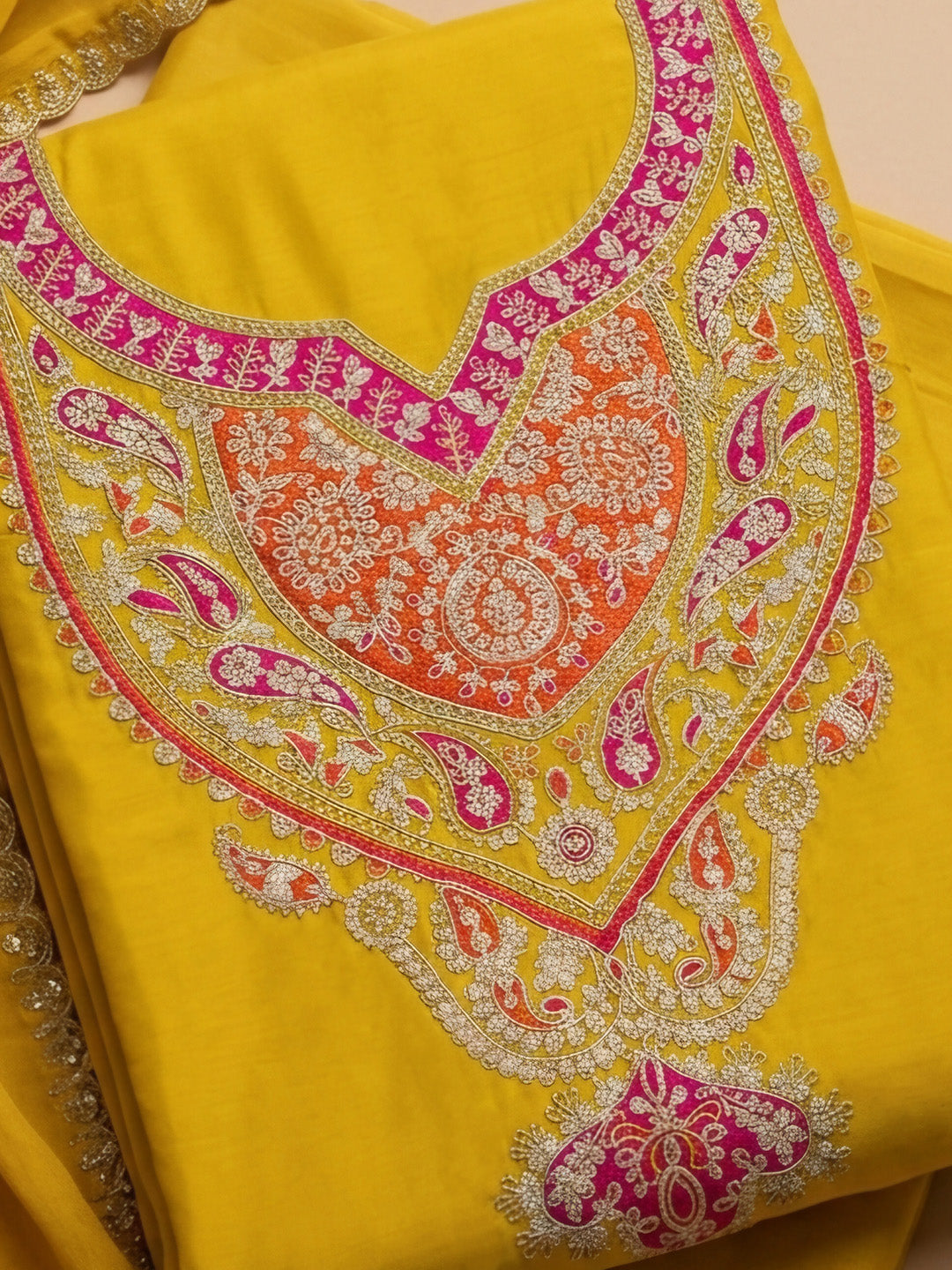 Yellow Printed Cotton Blend Unstitched Suit &amp; Pant With Cotton Dupatta