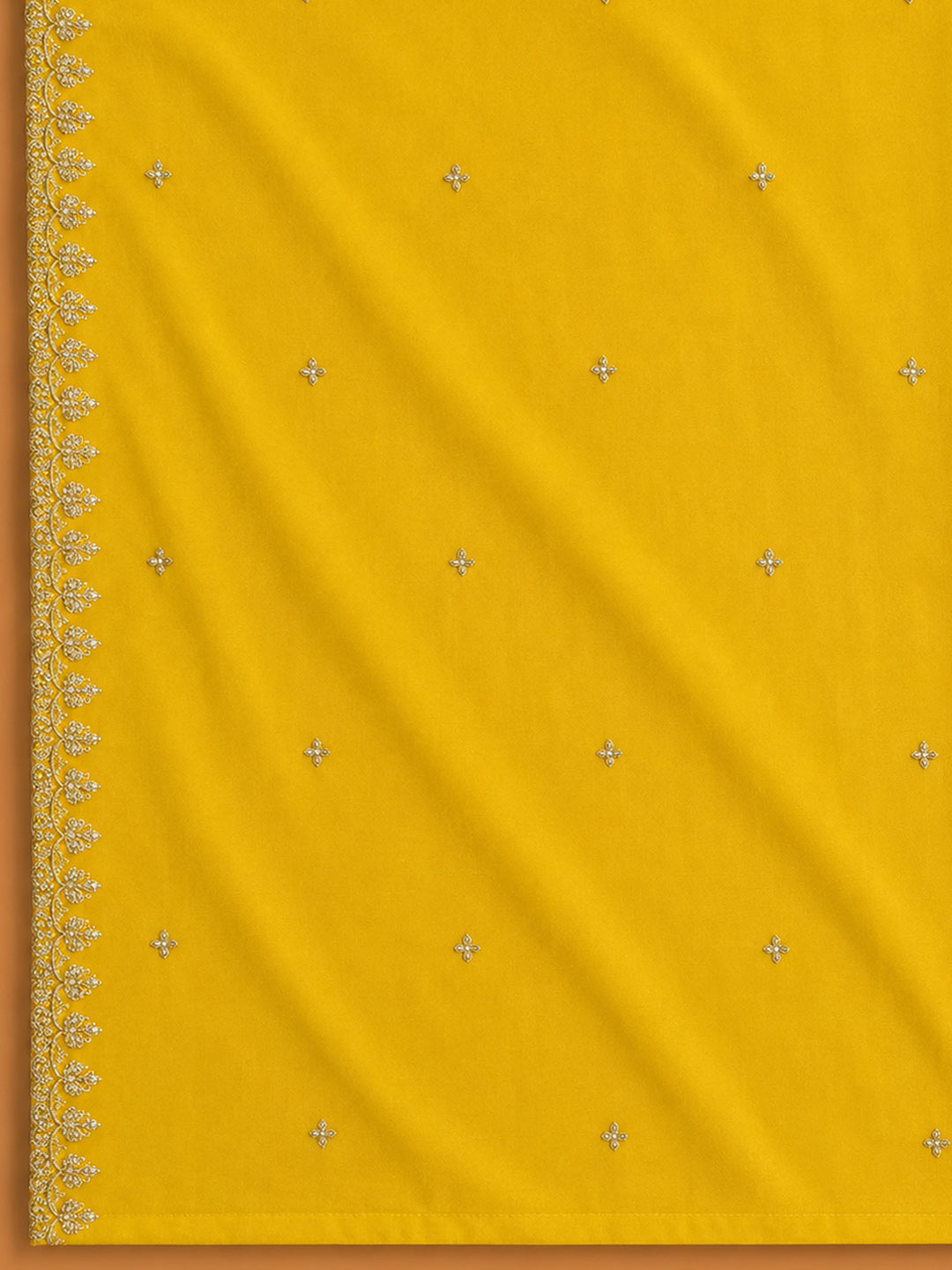 Yellow Printed Cotton Blend Unstitched Suit &amp; Pant With Cotton Dupatta