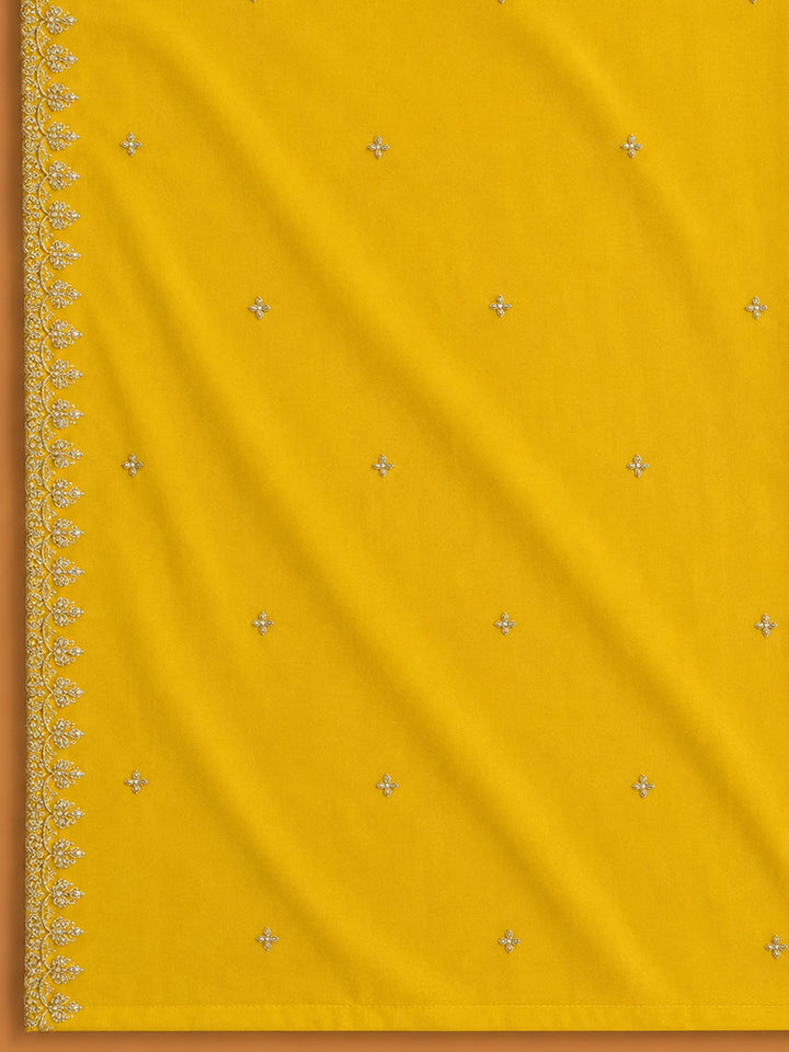 Yellow Printed Cotton Blend Unstitched Suit &amp; Pant With Cotton Dupatta