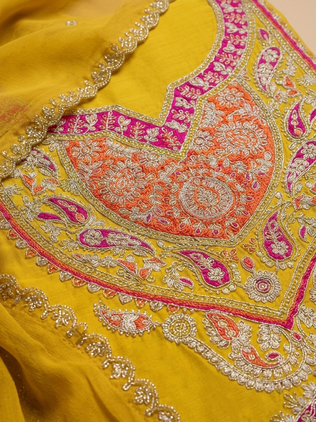 Yellow Printed Cotton Blend Unstitched Suit &amp; Pant With Cotton Dupatta