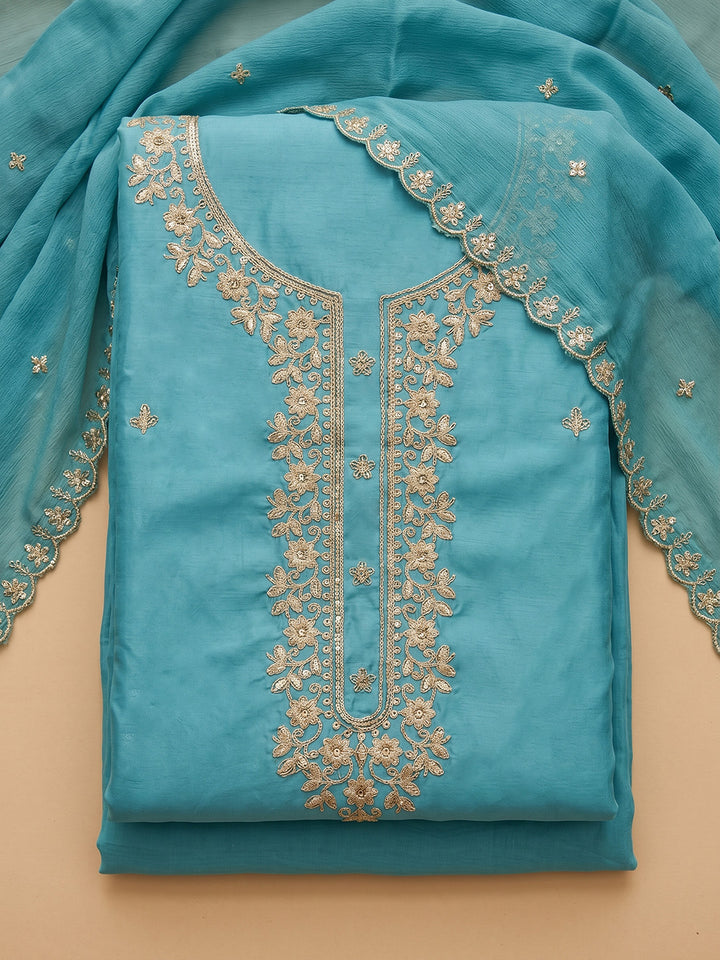 Firozee Embroidered Chanderi Unstitched Suit With Pant &amp; Dupatta