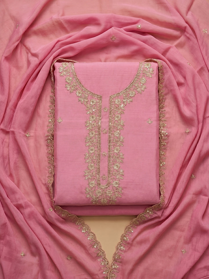 Pink Embroidered Chanderi Unstitched Suit With Pant &amp; Dupatta
