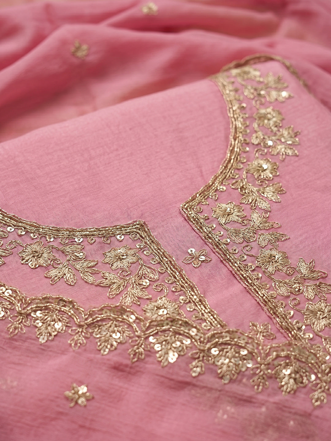 Pink Embroidered Chanderi Unstitched Suit With Pant &amp; Dupatta