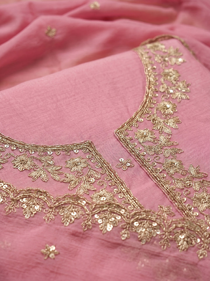 Pink Embroidered Chanderi Unstitched Suit With Pant &amp; Dupatta