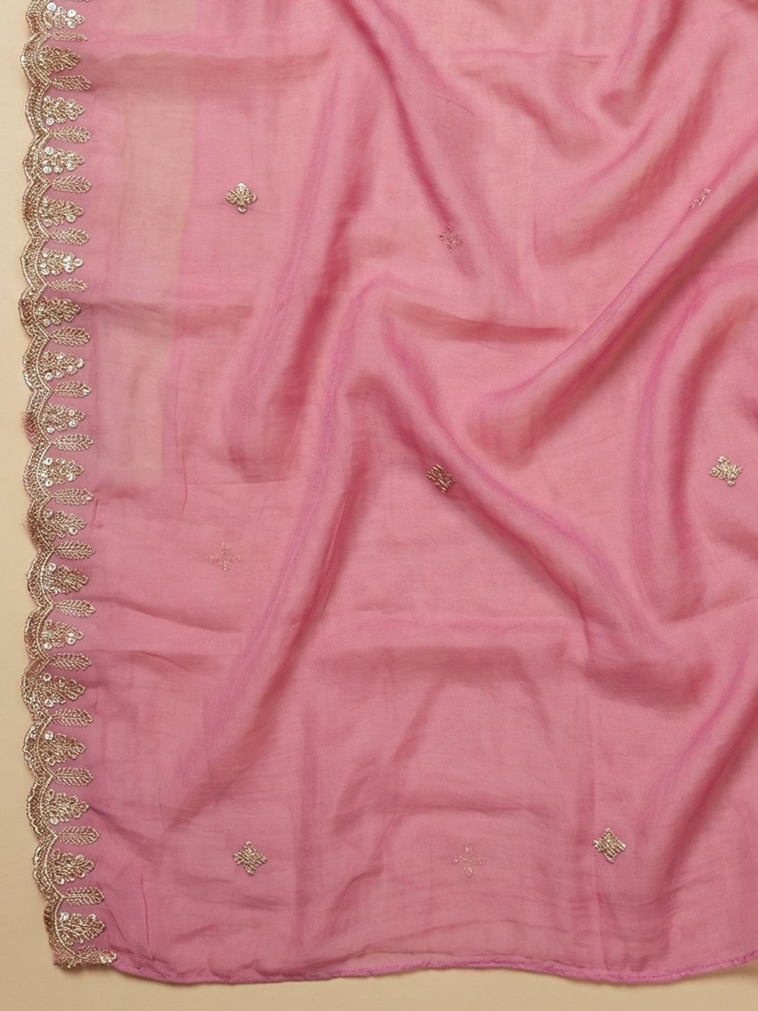 Pink Embroidered Chanderi Unstitched Suit With Pant &amp; Dupatta