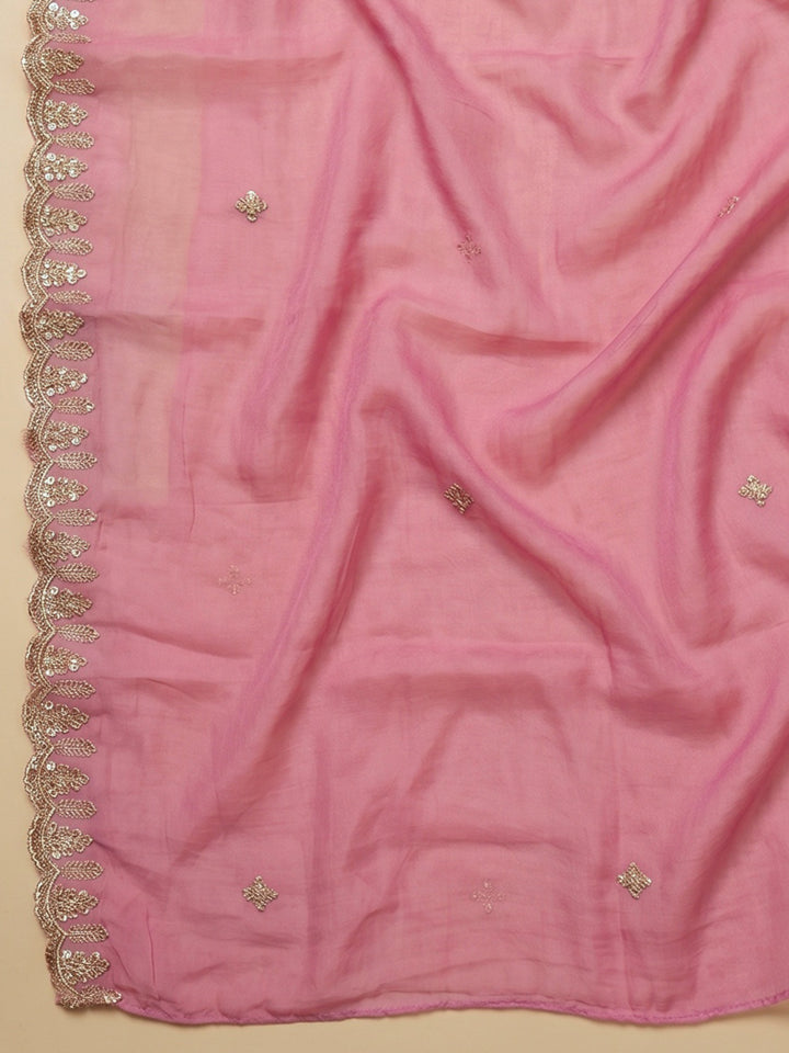 Pink Embroidered Chanderi Unstitched Suit With Pant &amp; Dupatta