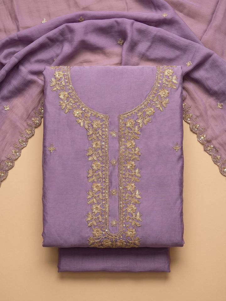 Purple Embroidered Chanderi Unstitched Suit With Pant &amp; Dupatta