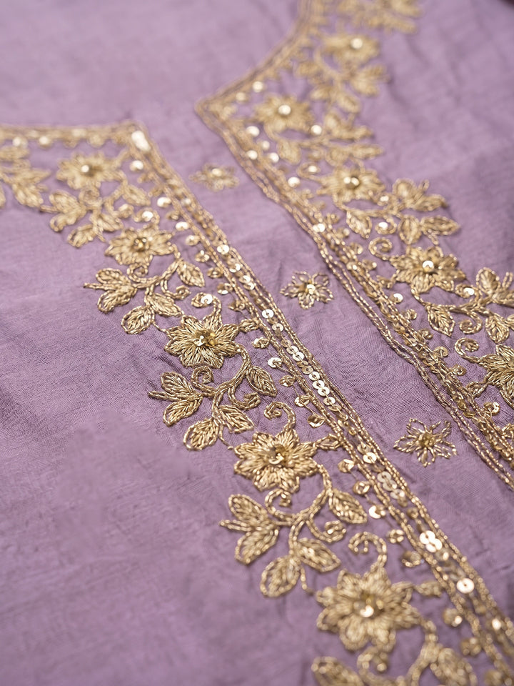 Purple Embroidered Chanderi Unstitched Suit With Pant &amp; Dupatta