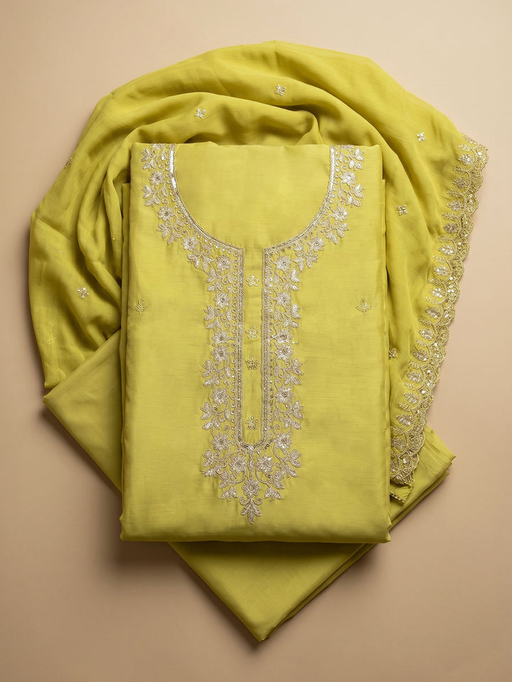 Yellow Embroidered Chanderi Unstitched Suit With Pant &amp; Dupatta